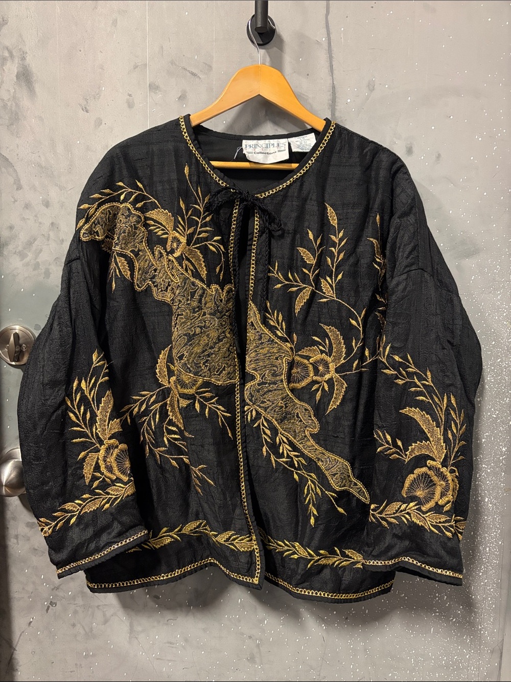 Whimsigoth Style Embroidered Black & Gold Tie-Front Jacket in Silk